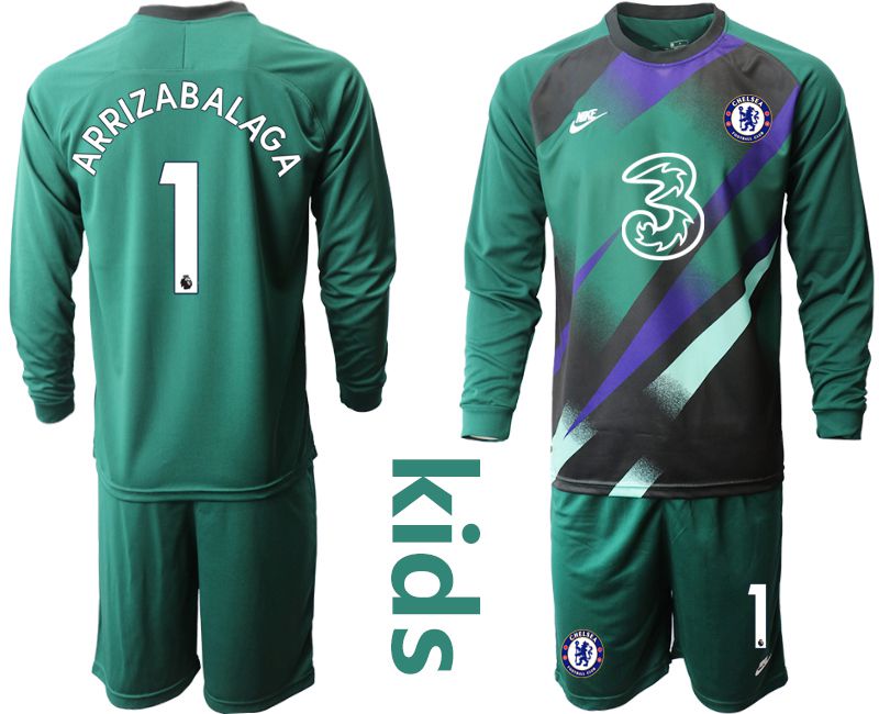 Youth 2020-2021 club Chelsea Dark green long sleeve goalkeeper #1 Soccer Jerseys